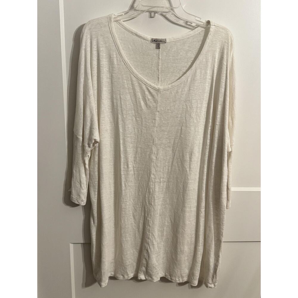 Mododoc Tunic T Shirt Sz XL White 100% Linen Scoop Neck Dolman Sleeve Boho Lagen